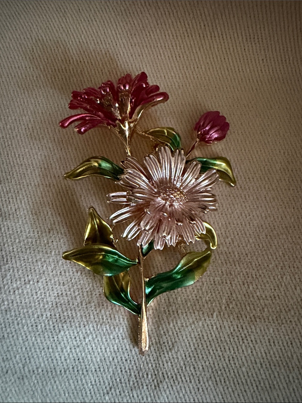 Dark & Light Pink Floral Enamel Brooch with Green Leaves